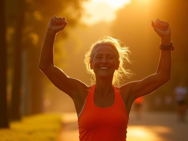 A happy woman, early 50s, crossing a 5K finish line with a triumphant smile, sunlight glinting.